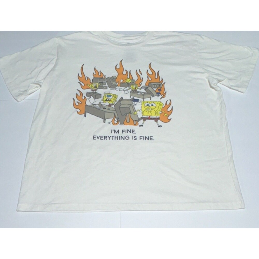 SpongeBob SquarePants Men's XL White Graphic T-Shirt 'I'm Fine Everything'